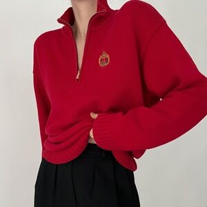 Lauren Ralph Lauren VINTAGE 90s Ruby Crest Quarter Zip Pullover Sweater Red XL